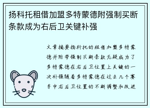 扬科托租借加盟多特蒙德附强制买断条款成为右后卫关键补强