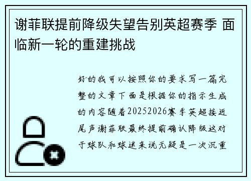 谢菲联提前降级失望告别英超赛季 面临新一轮的重建挑战 谢菲联提前降级失望告别英超赛季 面临新一轮的重建挑战